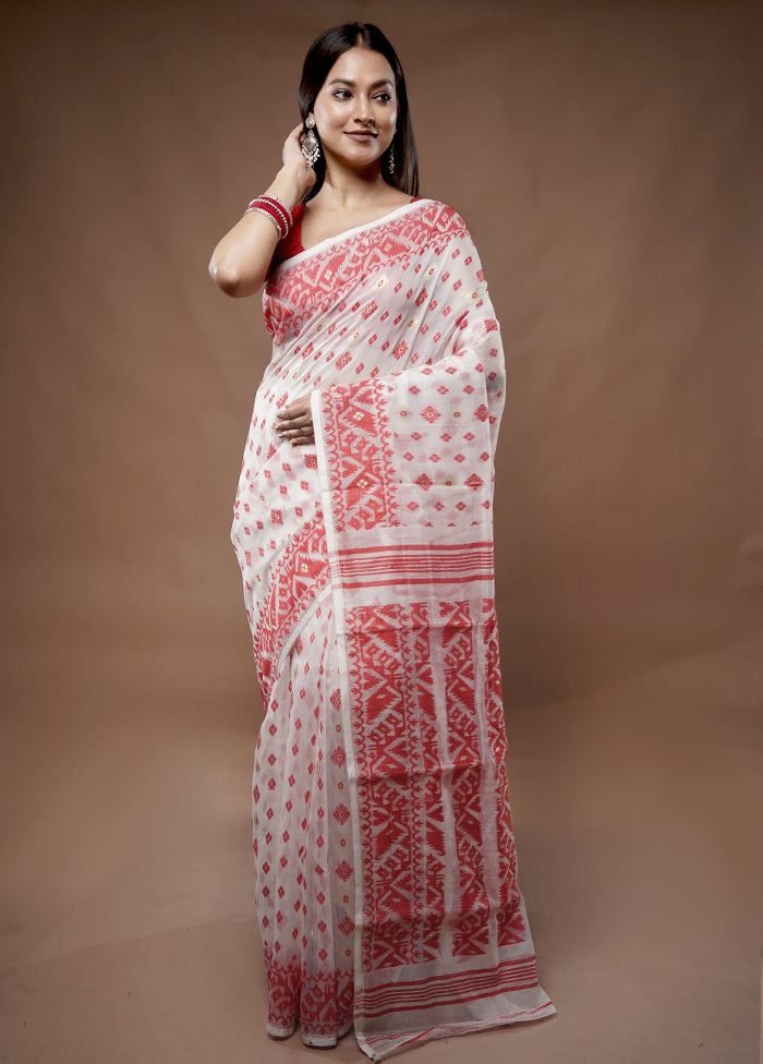 White Tant Jamdani Saree Without Blouse Piece - Indian Silk House Agencies