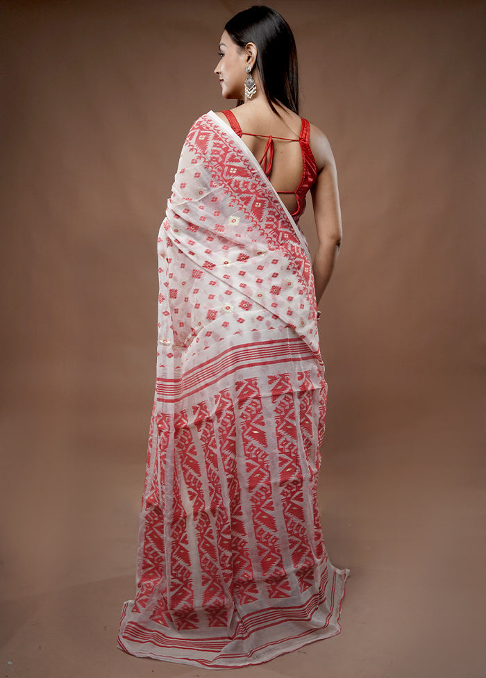 White Tant Jamdani Saree Without Blouse Piece - Indian Silk House Agencies