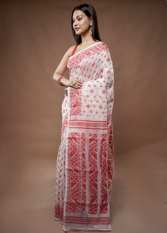 White Tant Jamdani Saree Without Blouse Piece - Indian Silk House Agencies