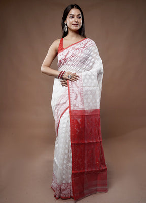 White Tant Jamdani Saree Without Blouse Piece - Indian Silk House Agencies