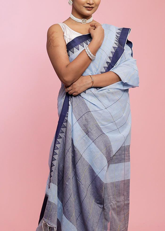 Blue Khadi Cotton Saree Without Blouse Piece - Indian Silk House Agencies