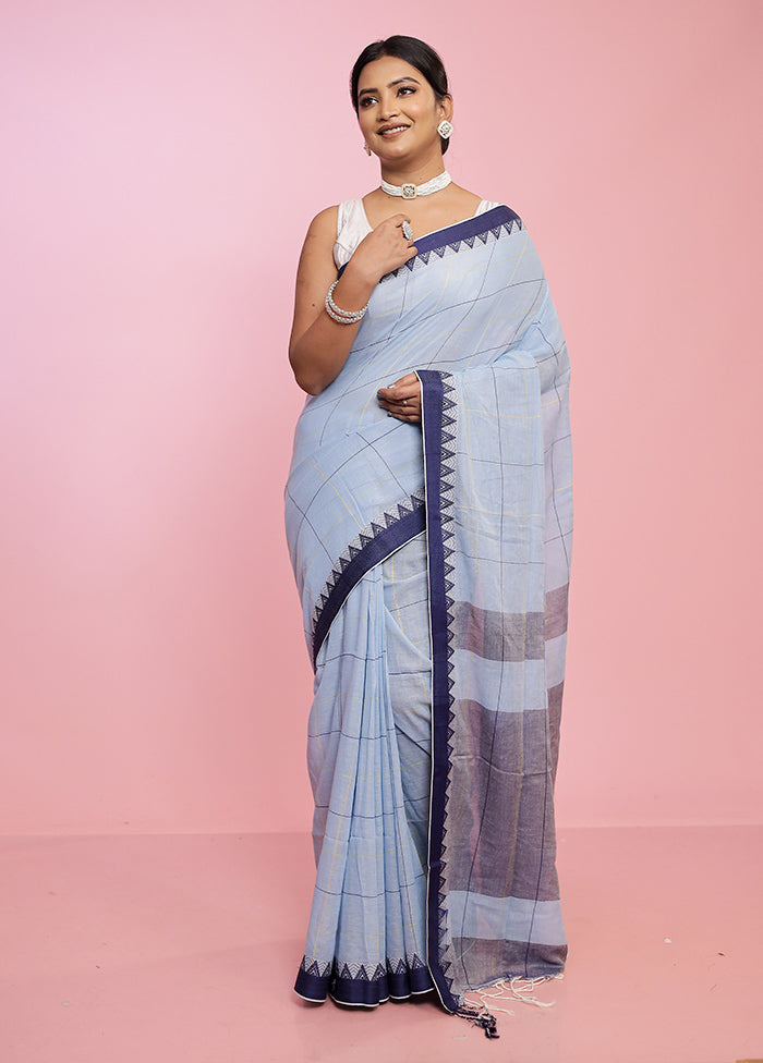 Blue Khadi Cotton Saree Without Blouse Piece - Indian Silk House Agencies