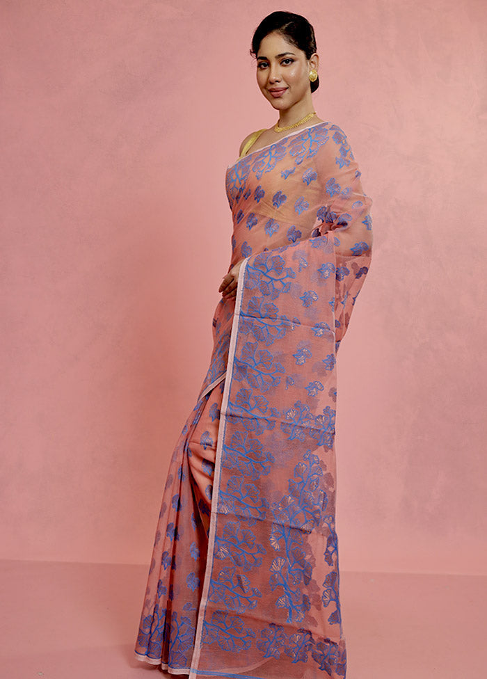 Peach Tant Jamdani Saree Without Blouse Piece - Indian Silk House Agencies