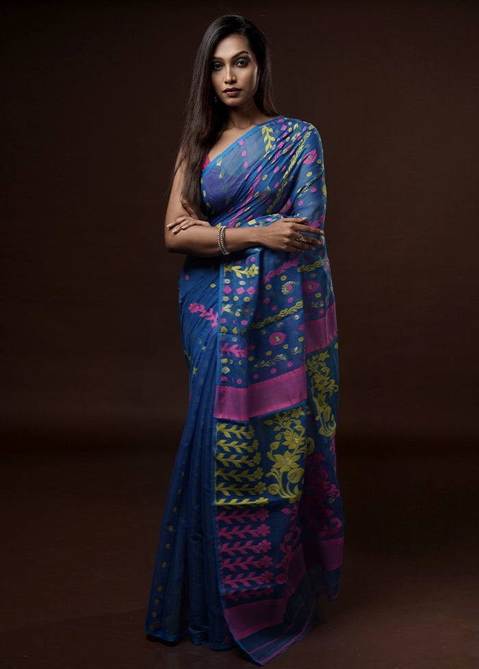 Blue Tant Jamdani Saree Without Blouse Piece - Indian Silk House Agencies