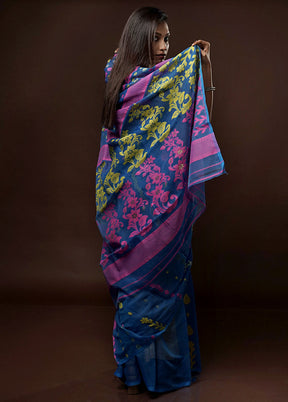 Blue Tant Jamdani Saree Without Blouse Piece - Indian Silk House Agencies