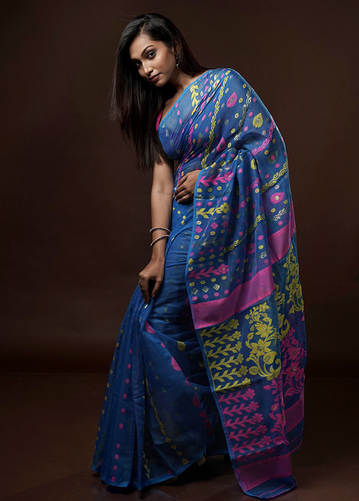 Blue Tant Jamdani Saree Without Blouse Piece - Indian Silk House Agencies