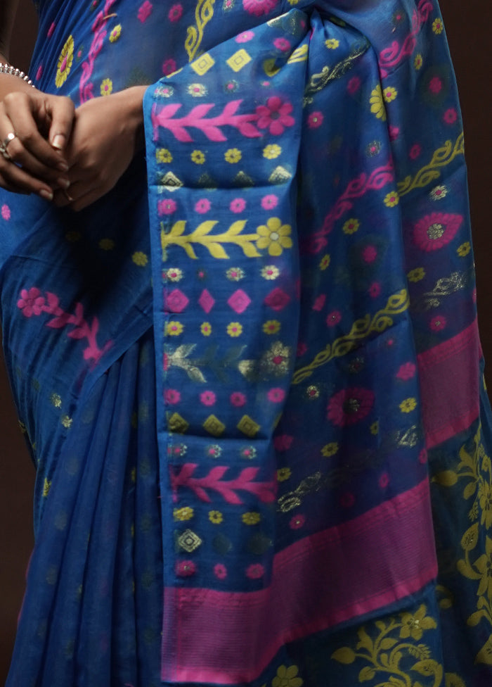 Blue Tant Jamdani Saree Without Blouse Piece - Indian Silk House Agencies