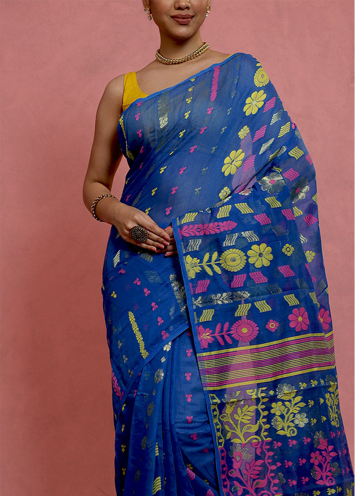 Blue Tant Jamdani Saree Without Blouse Piece - Indian Silk House Agencies