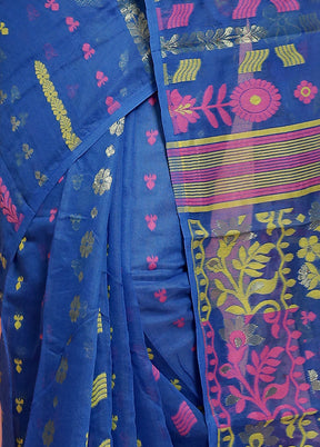 Blue Tant Jamdani Saree Without Blouse Piece - Indian Silk House Agencies