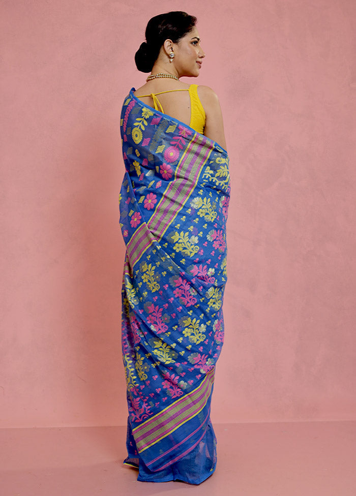 Blue Tant Jamdani Saree Without Blouse Piece - Indian Silk House Agencies