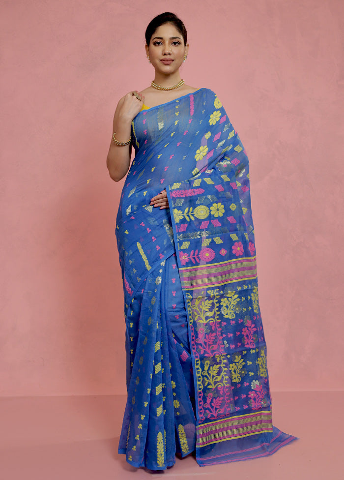 Blue Tant Jamdani Saree Without Blouse Piece - Indian Silk House Agencies