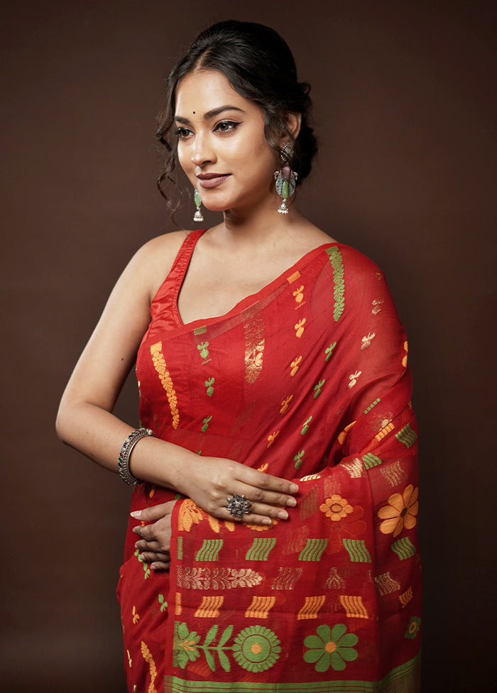 Red Tant Jamdani Saree Without Blouse Piece - Indian Silk House Agencies