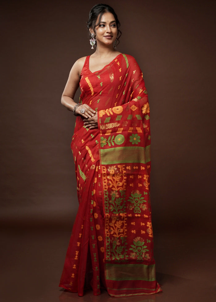 Red Tant Jamdani Saree Without Blouse Piece - Indian Silk House Agencies