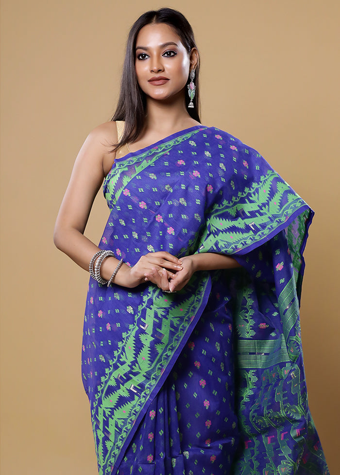 Blue Tant Jamdani Saree Without Blouse Piece