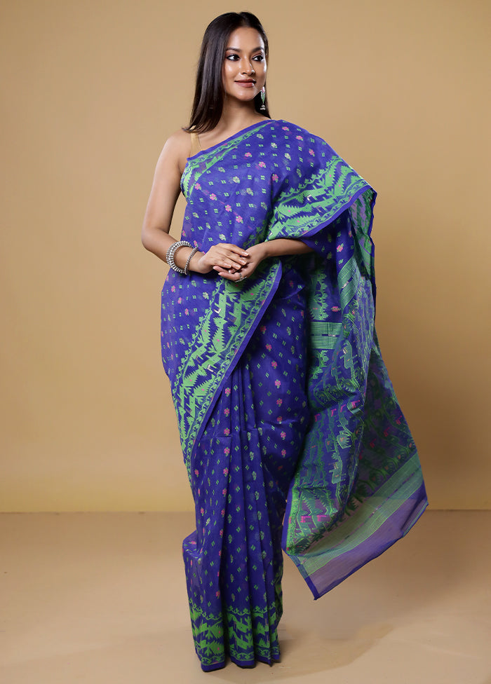 Blue Tant Jamdani Saree Without Blouse Piece