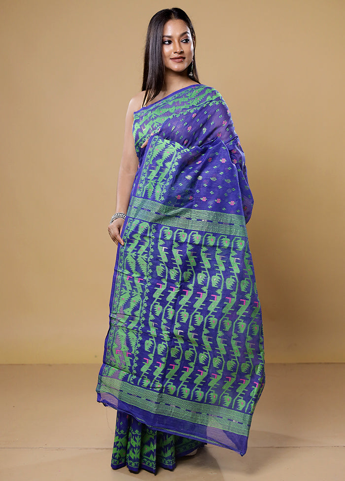 Blue Tant Jamdani Saree Without Blouse Piece