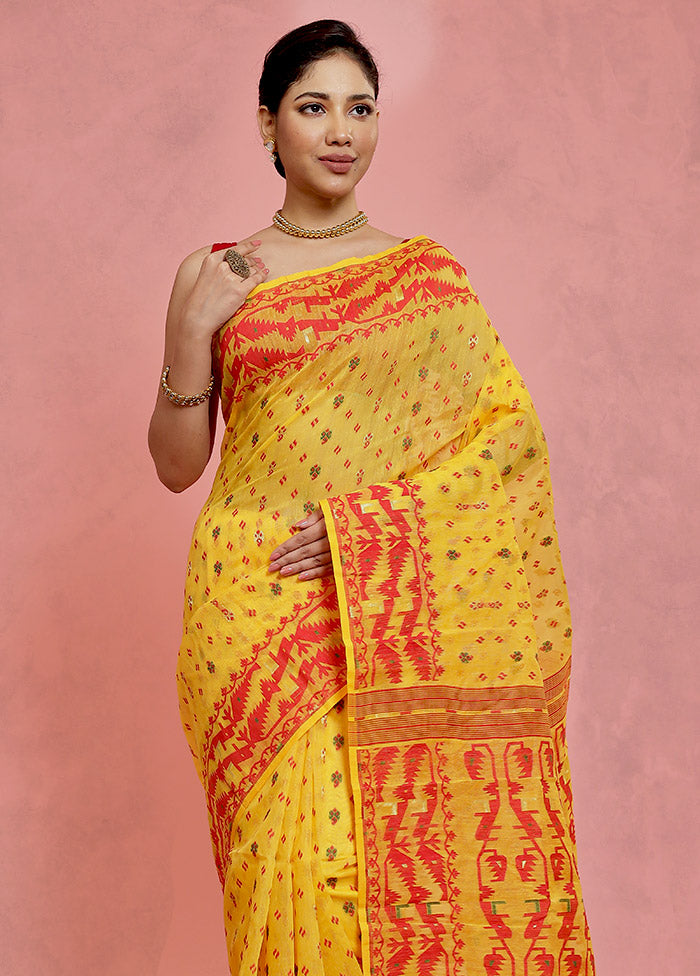 Yellow Tant Jamdani Saree Without Blouse Piece - Indian Silk House Agencies