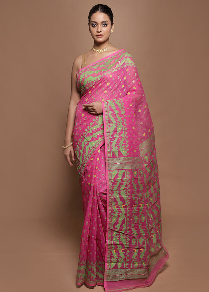 Pink Jamdani Cotton Saree Without Blouse Piece