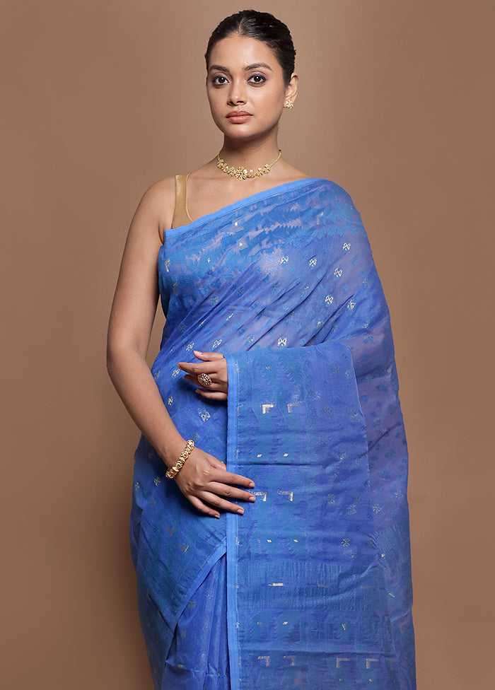 Blue Tant Jamdani Saree Without Blouse Piece