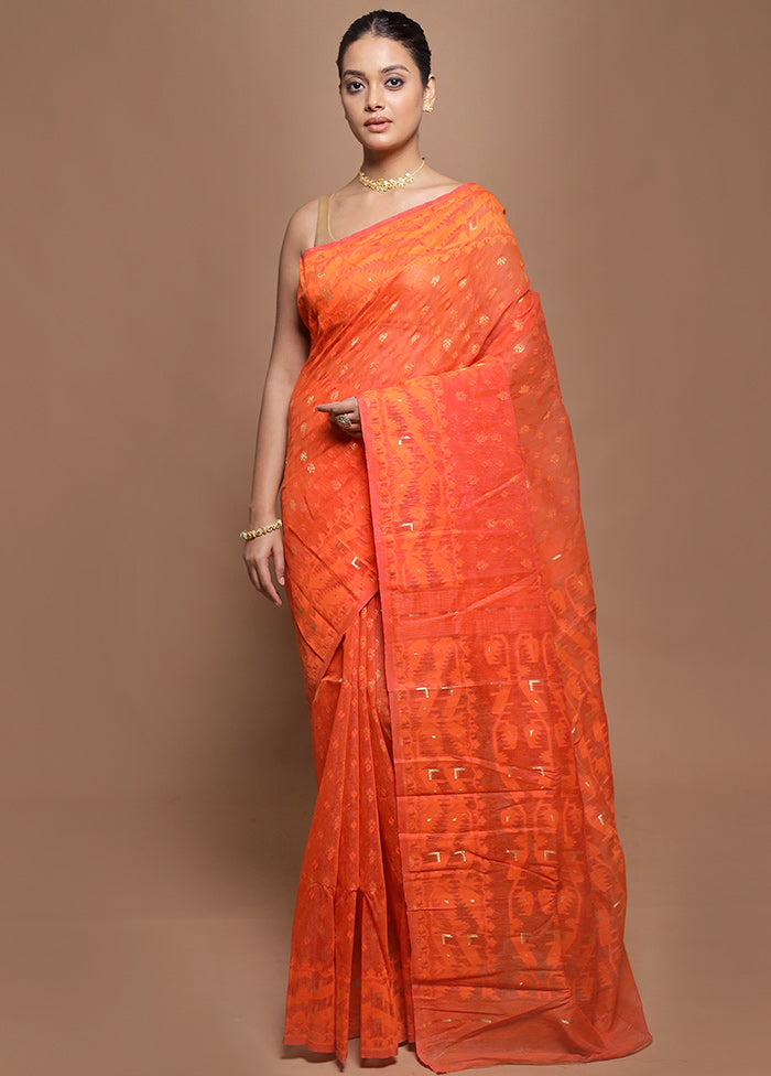 Rust Tant Jamdani Saree Without Blouse Piece