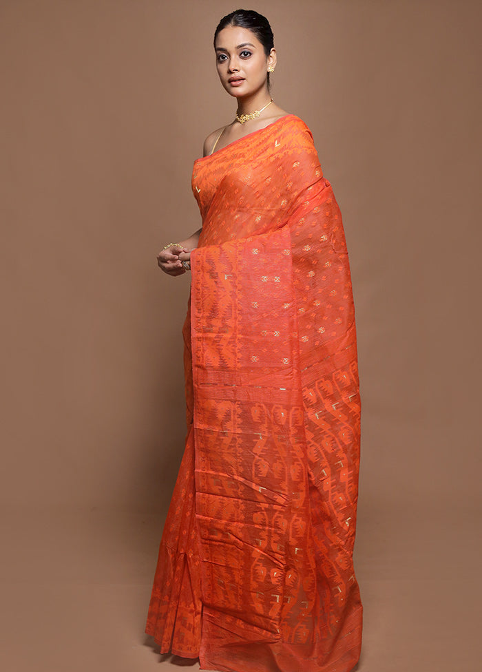 Rust Tant Jamdani Saree Without Blouse Piece