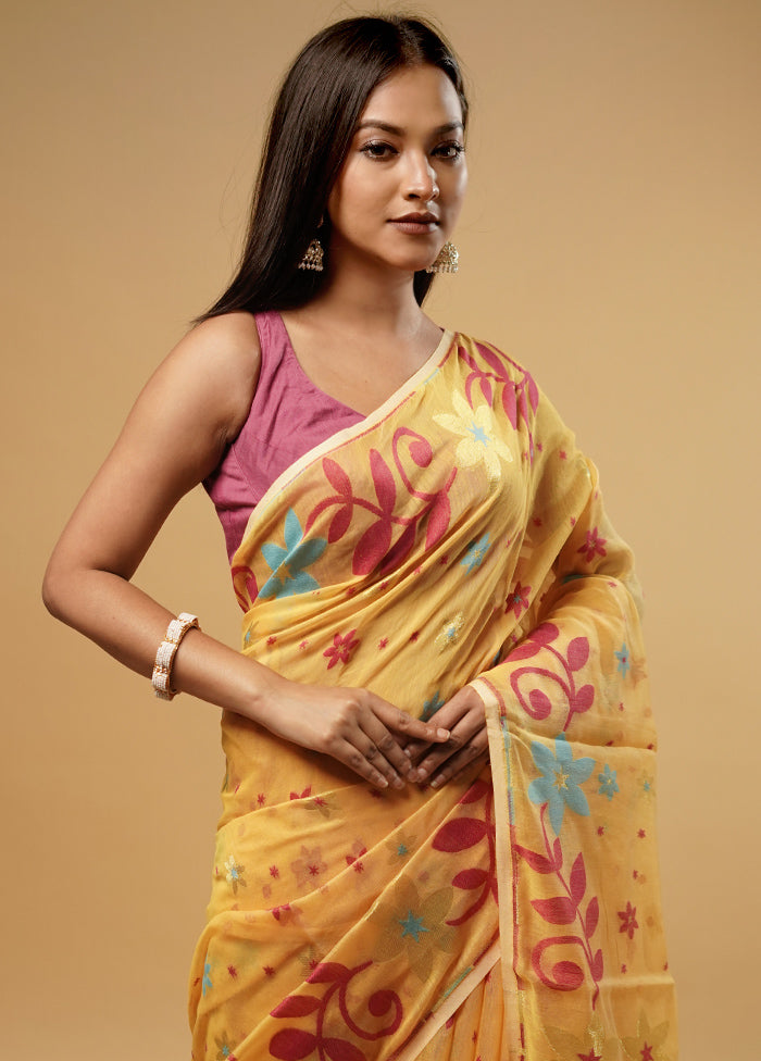 Yellow Tant Jamdani Saree Without Blouse Piece - Indian Silk House Agencies