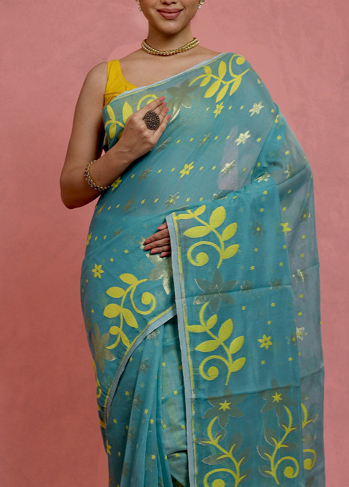 Blue Tant Jamdani Saree Without Blouse Piece - Indian Silk House Agencies