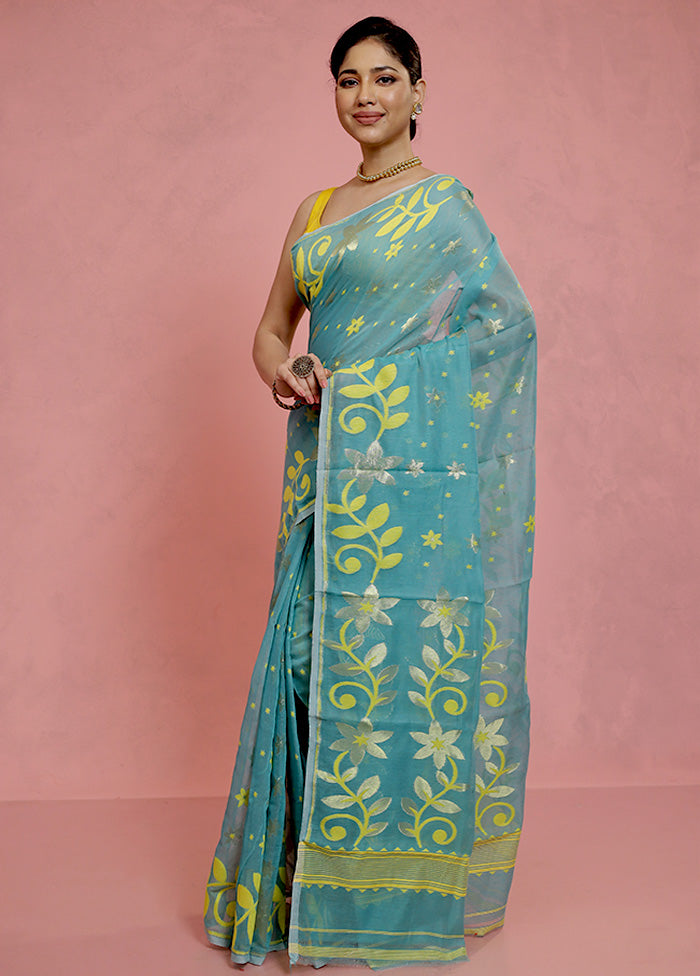 Blue Tant Jamdani Saree Without Blouse Piece - Indian Silk House Agencies