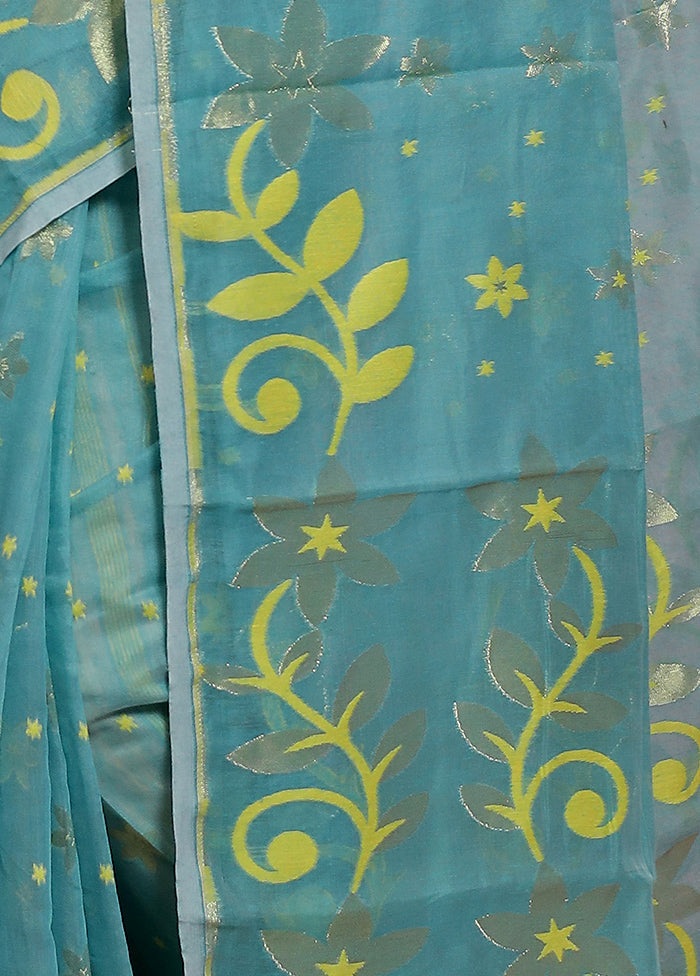 Blue Tant Jamdani Saree Without Blouse Piece - Indian Silk House Agencies