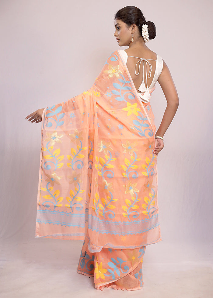 Peach Tant Jamdani Saree Without Blouse Piece - Indian Silk House Agencies