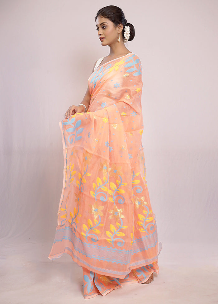 Peach Tant Jamdani Saree Without Blouse Piece - Indian Silk House Agencies