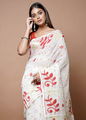 White Tant Jamdani Cotton Saree Without Blouse Piece