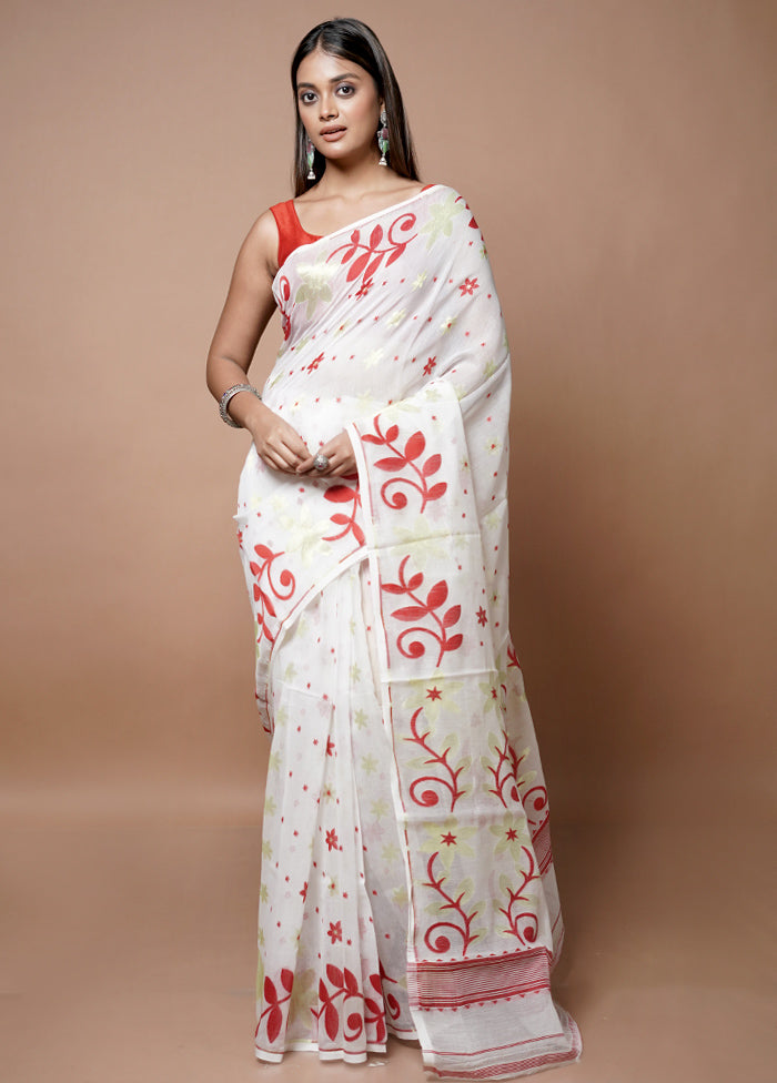 White Jamdani Cotton Saree Without Blouse Piece