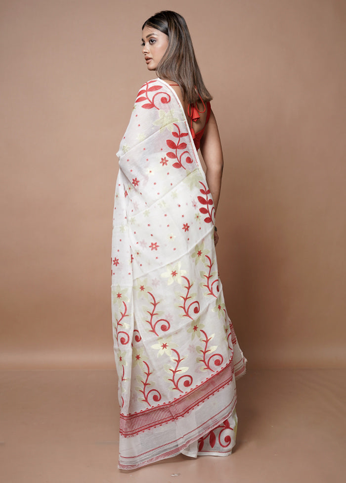 White Jamdani Cotton Saree Without Blouse Piece