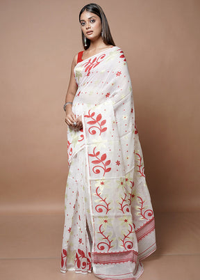 White Jamdani Cotton Saree Without Blouse Piece