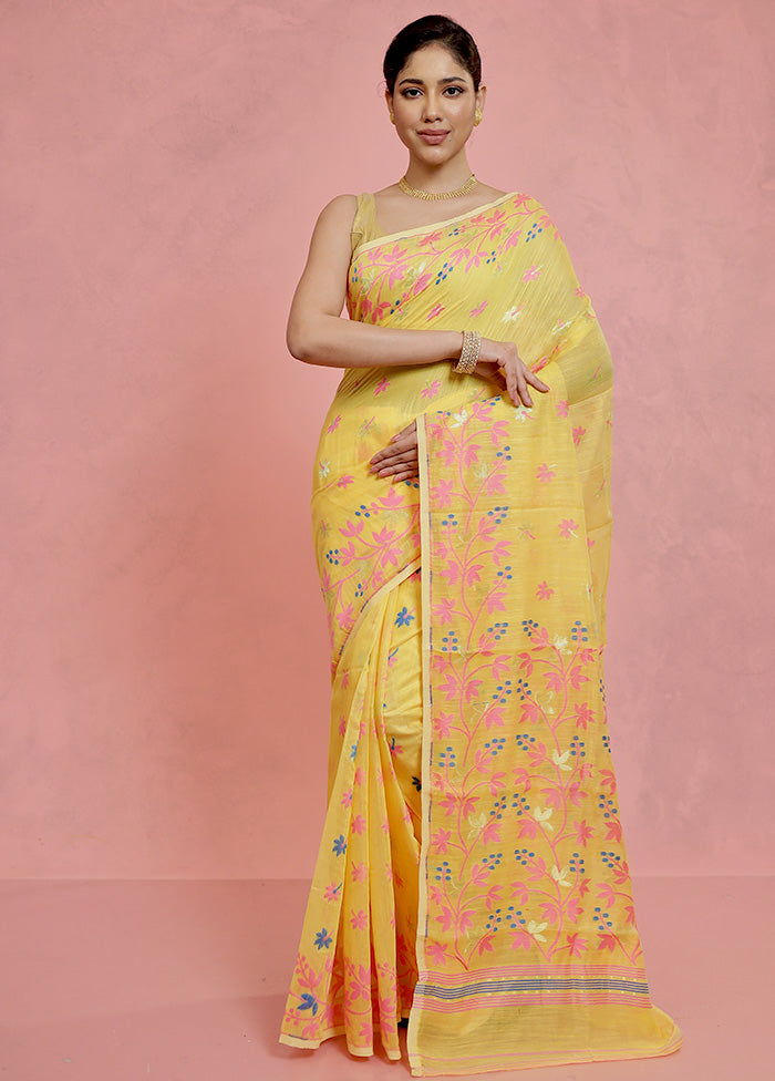 Yellow Tant Jamdani Saree Without Blouse Piece - Indian Silk House Agencies