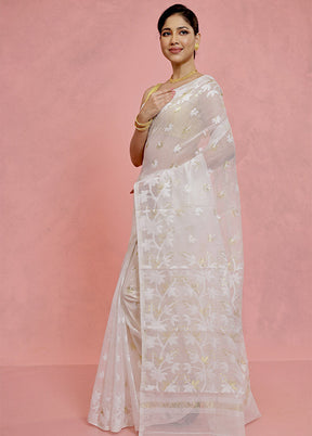 White Pure Tant Jamdani Saree Without Blouse Piece - Indian Silk House Agencies