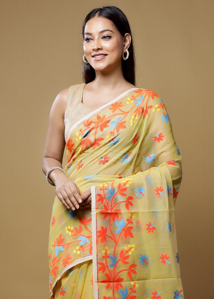 Yellow Jamdani Cotton Saree Without Blouse Piece