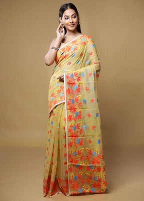 Yellow Jamdani Cotton Saree Without Blouse Piece