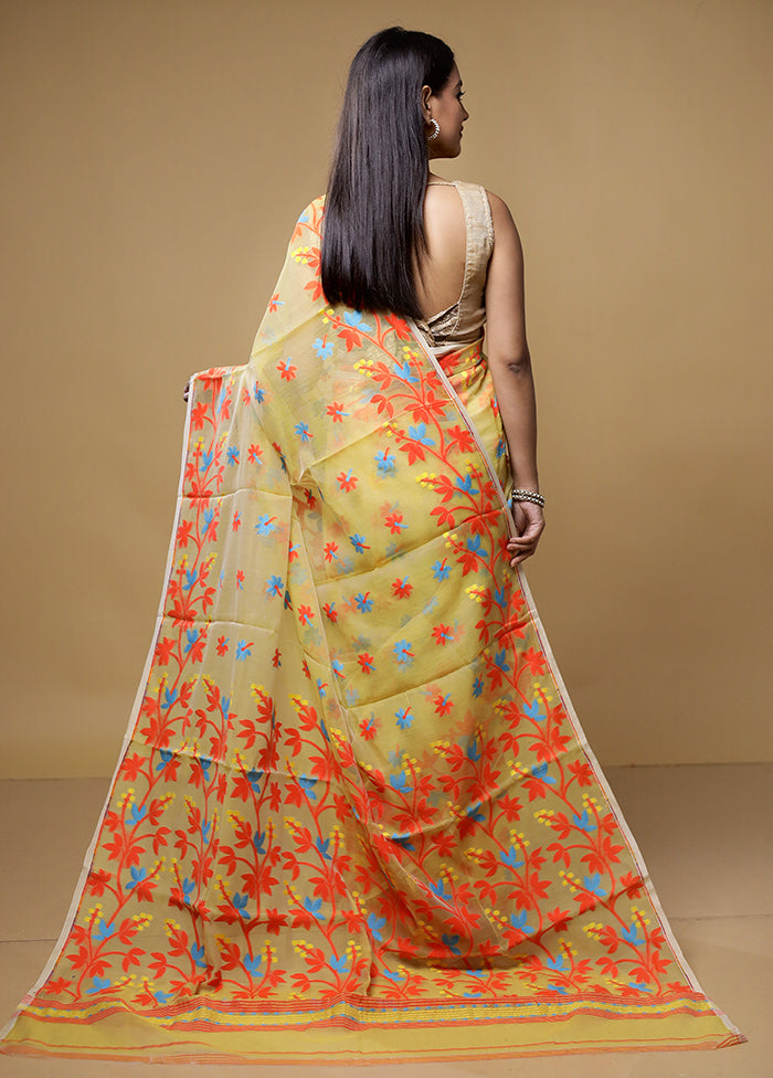 Yellow Jamdani Cotton Saree Without Blouse Piece