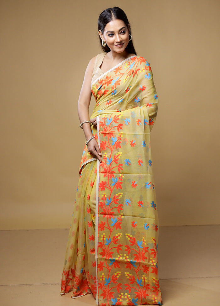 Yellow Jamdani Cotton Saree Without Blouse Piece