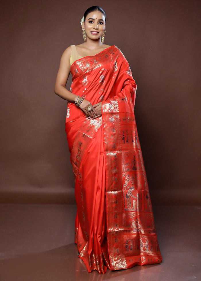 Red Handloom Baluchari Pure Silk Saree With Blouse Piece