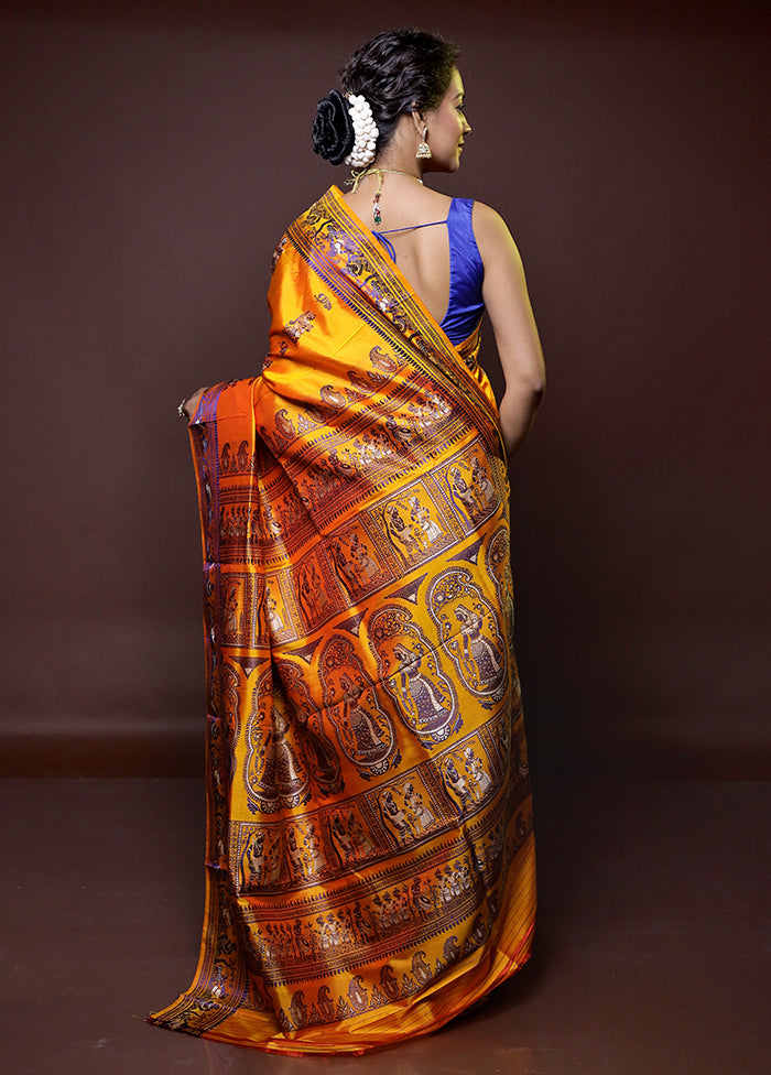 Yellow Handloom Baluchari Pure Silk Saree With Blouse Piece