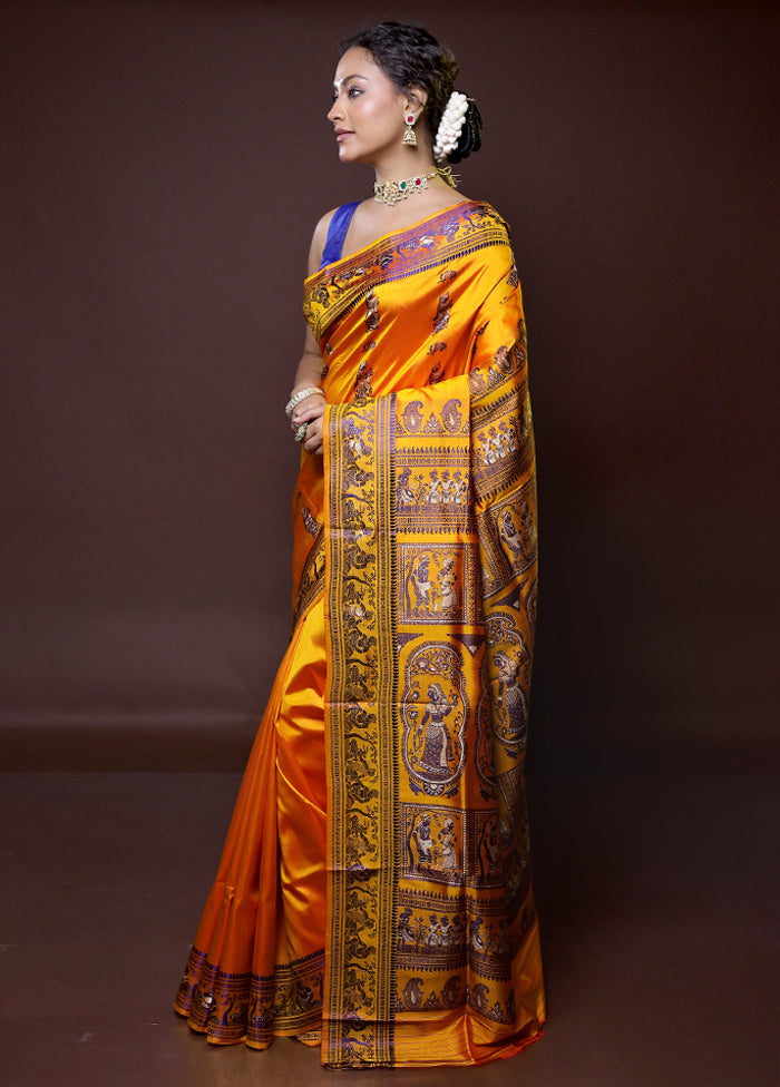 Yellow Handloom Baluchari Pure Silk Saree With Blouse Piece