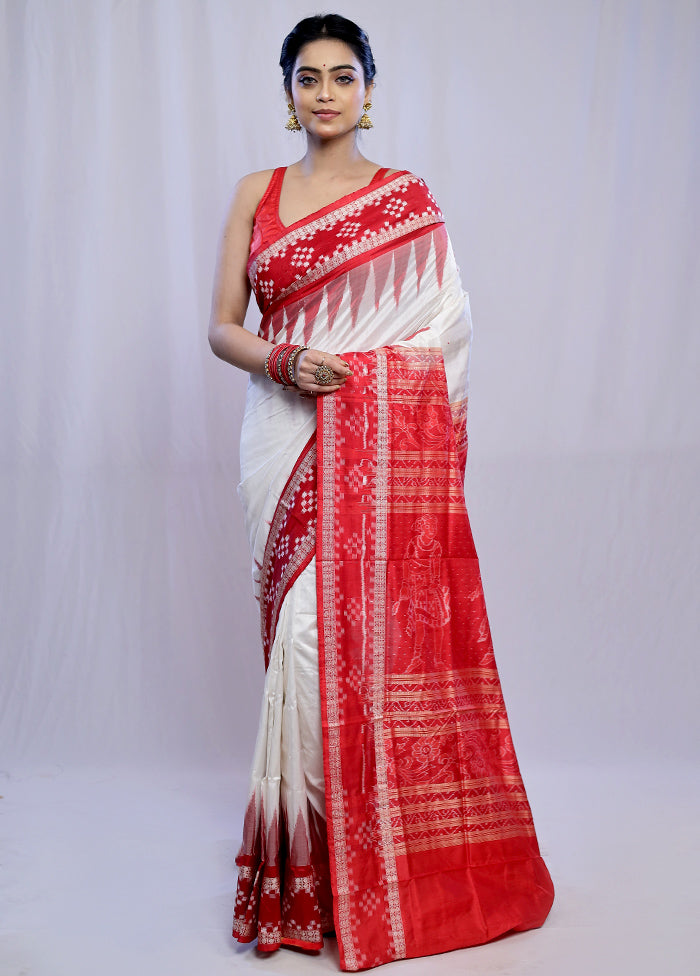 White Bomkai Pure Silk Saree With Blouse Piece - Indian Silk House Agencies