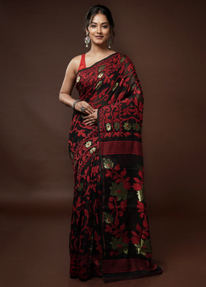 Black Cotton Jamdani Saree Without Blouse Piece - Indian Silk House Agencies