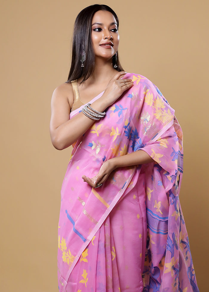 Pink Tant Jamdani Saree Without Blouse Piece