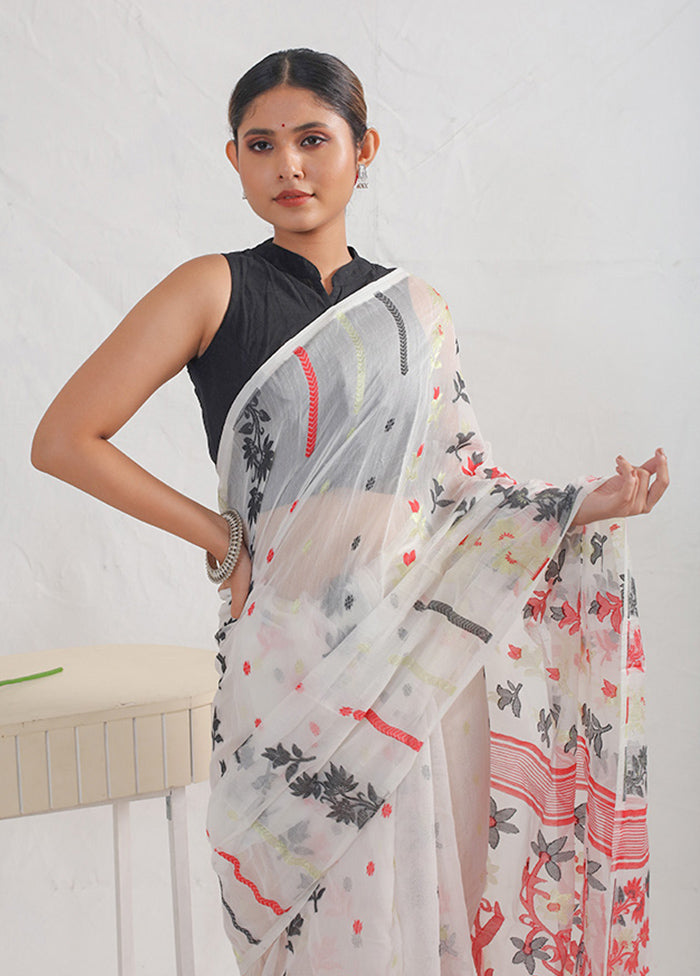 White Tant Cotton Saree Without Blouse Piece - Indian Silk House Agencies