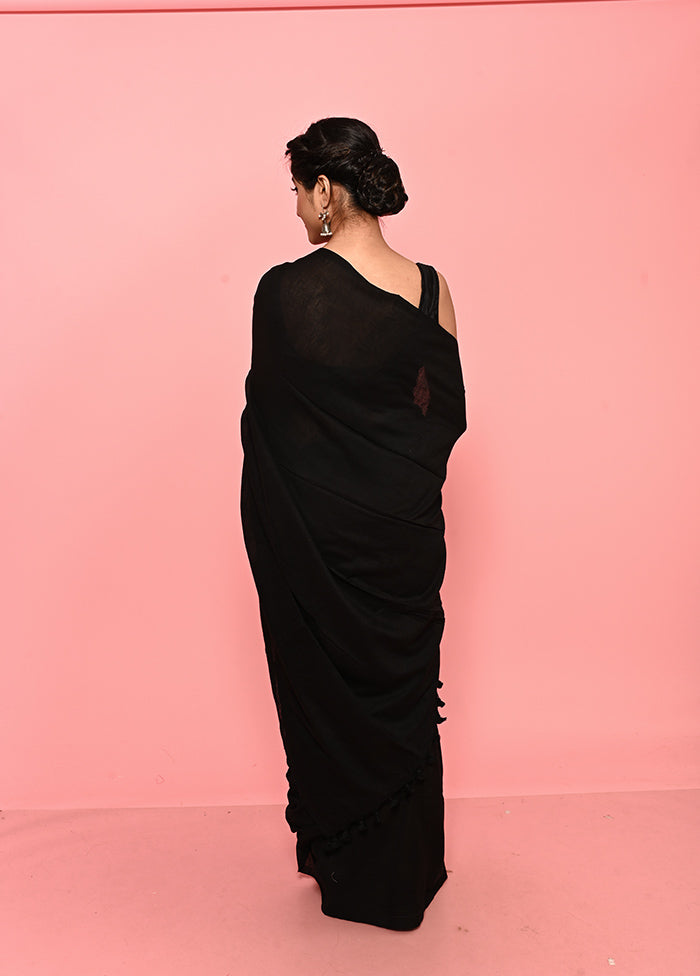 Black Pure Mul Cotton Saree Without Blouse Piece - Indian Silk House Agencies