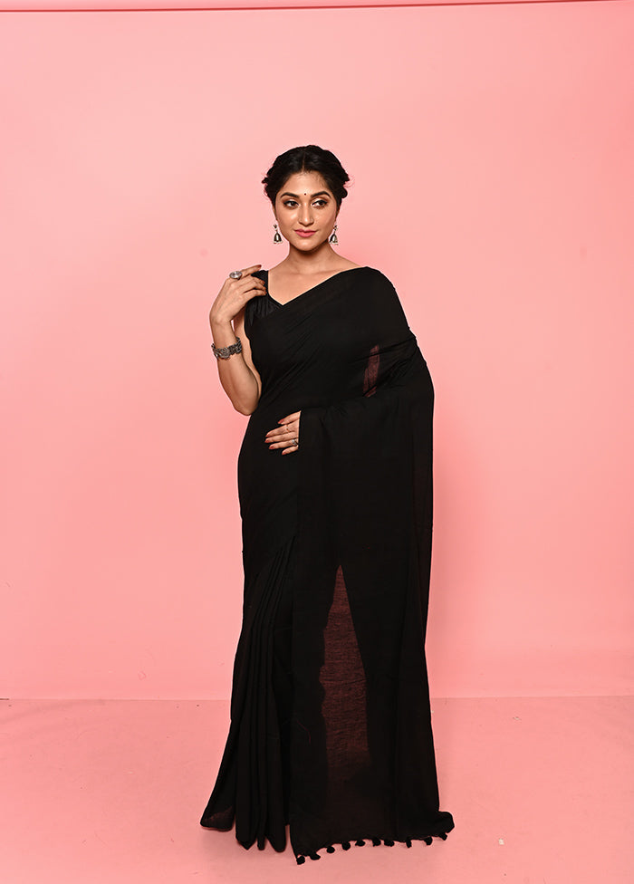 Black Pure Mul Cotton Saree Without Blouse Piece - Indian Silk House Agencies